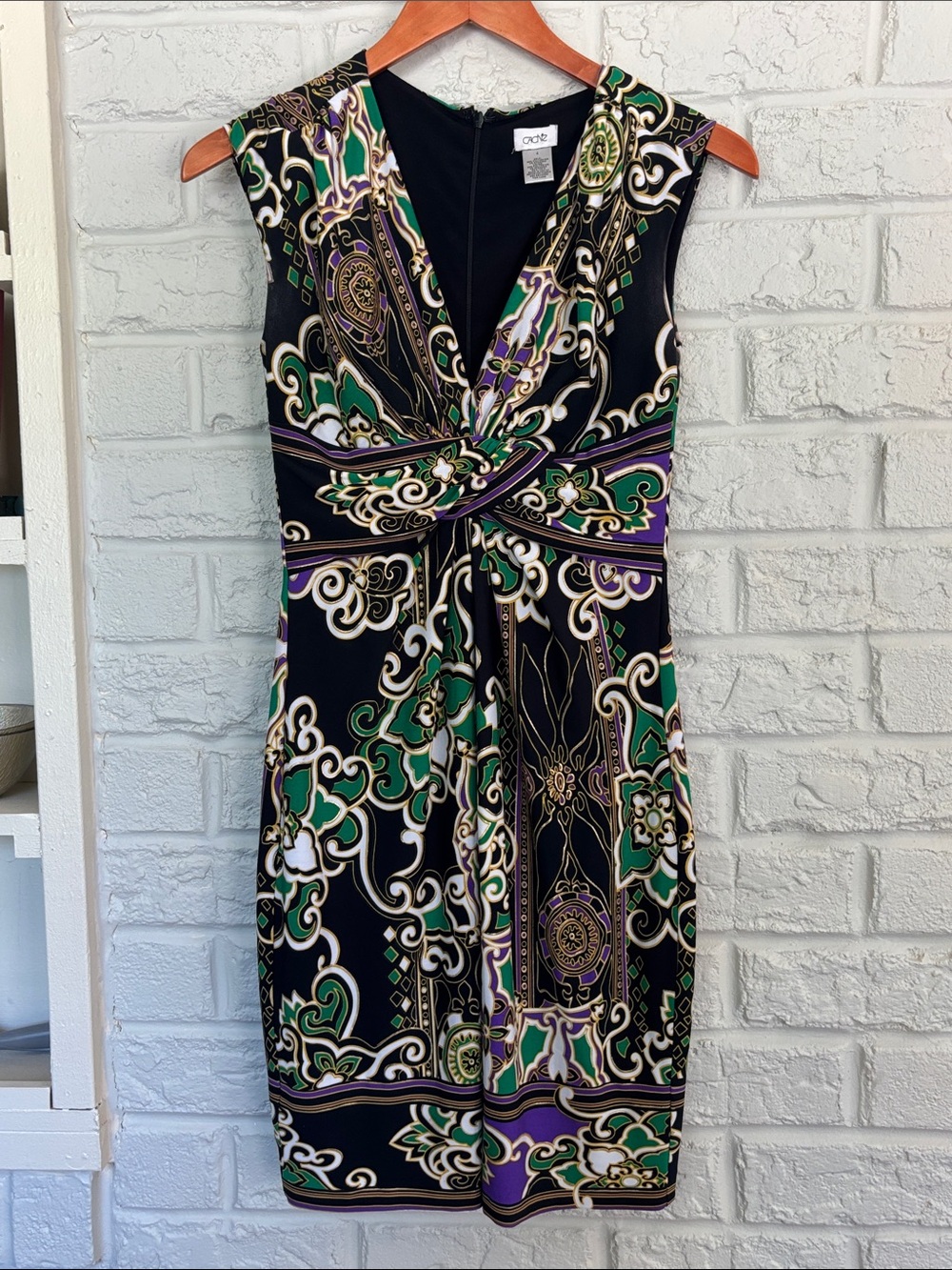 Cache Black Paisley-Print Twist-Front Midi Dress with Green and Purple Accents
